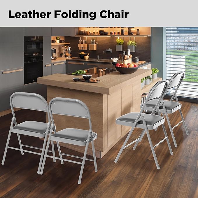 4 Pack Folding Chairs with Padded Seats, Padded Folding Chair with Steel Frame for Events Home Office, Pu Leather Folding Chair Grey