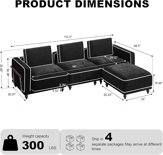 112" 3 Seater Cloud Couch with Ottoman,Modular Sectional L Shaped Sofa with Armrests Wooden Legs,Oversized Deep Seat Comfy Thicked Cushion Upholstered Sofa for Living Room Bedroom,Black