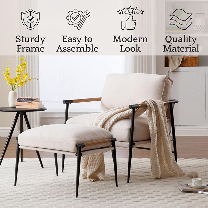 LukeAlon Mid-Century Chenille Accent Chair, Ultra Soft Living Room Chair with Metal Legs Modern Armchair Lounge Chairs Upholstered Comfy Leisure Chair for Bedroom Reception Area Reading Room, Beige