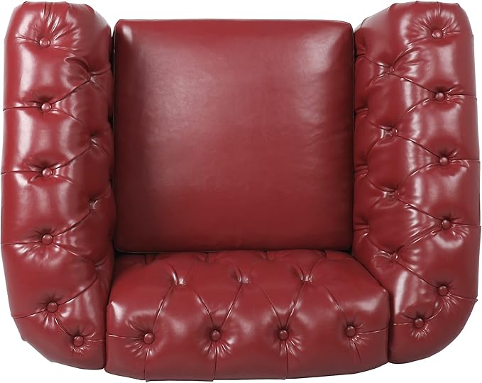 LEVNARY Leather Upholstered Armchair, Mid-Century Modern Single Sofa Chair with Rolled Arms and Nailhead, Tufted Pu Leather Chesterfield Chair for Home Bedroom Reading Room (Wine Red)