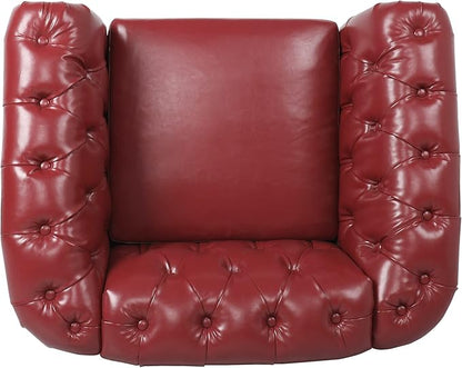 LEVNARY Leather Upholstered Armchair, Mid-Century Modern Single Sofa Chair with Rolled Arms and Nailhead, Tufted Pu Leather Chesterfield Chair for Home Bedroom Reading Room (Wine Red)