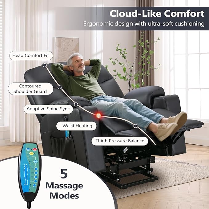 ANJ Black Power Lift Recliner Chair for Elderly with Heat & Massage, Faux Leather Electric Recliner Sofa with USB Port, Cup Holders & Side Pockets, Heavy Duty Reclining Chair for Seniors