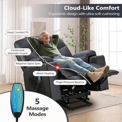 ANJ Black Power Lift Recliner Chair for Elderly with Heat & Massage, Faux Leather Electric Recliner Sofa with USB Port, Cup Holders & Side Pockets, Heavy Duty Reclining Chair for Seniors