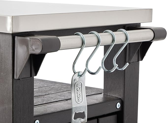 Keter Unity Portable 40 Gal Outdoor Table and Storage Cabinet w/Accessory Hooks, Stainless Steel Top for Patio Kitchen Island or Bar Cart, Dark Brown