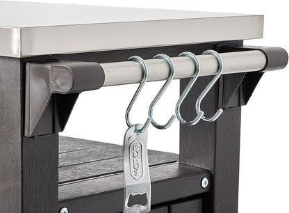 Keter Unity Portable 40 Gal Outdoor Table and Storage Cabinet w/Accessory Hooks, Stainless Steel Top for Patio Kitchen Island or Bar Cart, Dark Brown