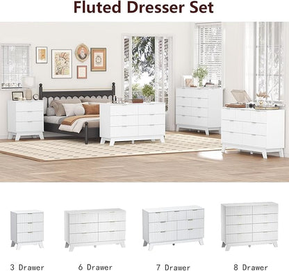 Fluted Dresser for Bedroom,3 Drawer Dresser for Closet,Storage Cabinet and Chest of Drawers with Gold Handle,TV Stand,Storage Organizer for Living Room,Hallway,Entryway,White