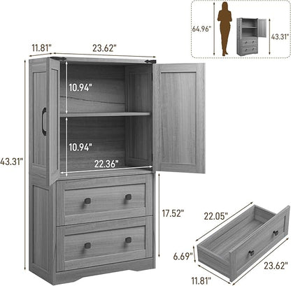 Farmhouse Bathroom Storage Cabinet with 2 Big Drawers and Barn Doors, Kitchen Pantry, Freestanding Storage Cabinet with Adjustable Shelves for Bathroom, Living Room, Kitchen (Wash Grey).