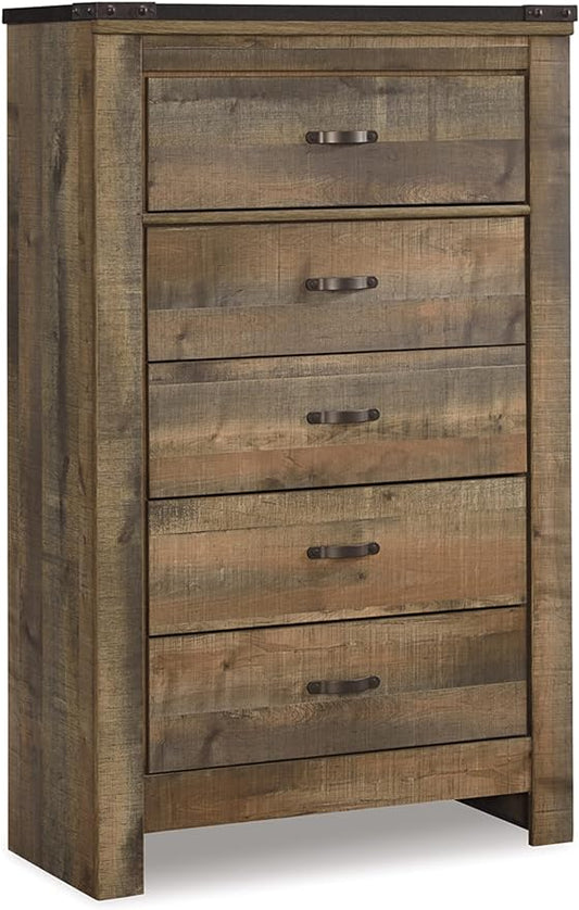 Signature Design by Ashley Trinell Rustic 5 Drawer Chest of Drawers with Nailhead Trim, Warm Brown