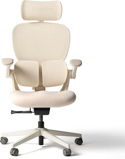 HINOMI Q2 Ergonomic Office Chair with Lumbar Support & Adjustable Headrest, Cushion Seat with Flip-Up Arms, Reclining Computer Seating with Footrest, Stylish Desk Model for Home (Cream White)