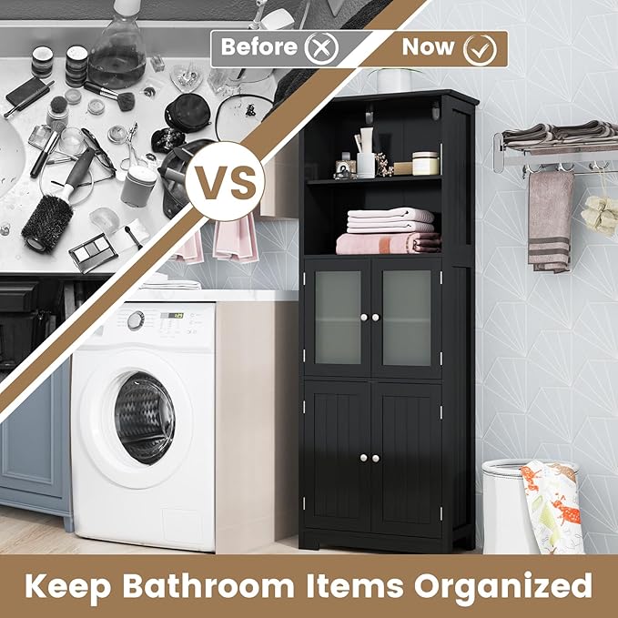 LOKO Tall Bathroom Cabinet, Modern Storage Organizer with Doors & Open Shelves, Wooden Floor Cabinet with Adjustable Shelves for Bathroom, Living Room or Kitchen (Black)