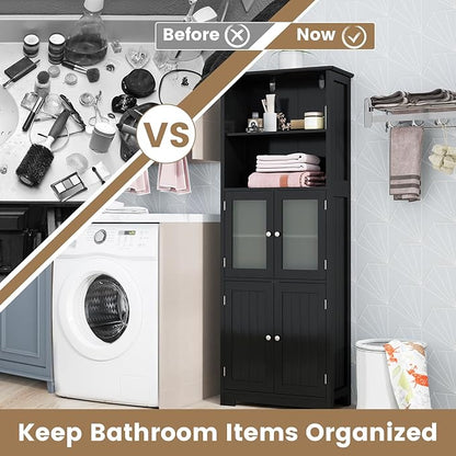 LOKO Tall Bathroom Cabinet, Modern Storage Organizer with Doors & Open Shelves, Wooden Floor Cabinet with Adjustable Shelves for Bathroom, Living Room or Kitchen (Black)