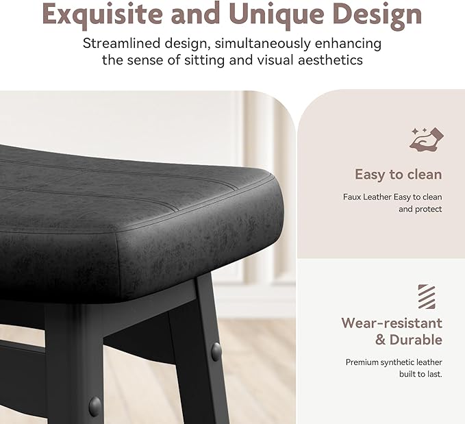 ALPHA HOME Bar Stools Set of 3, Solid Wood Saddle Kitchen Stools with Black PU Leather Cushion Counter Height Barstools with Wooden Base for Kitchen Dining Cafe, 24 Inch, Black, 3PCS