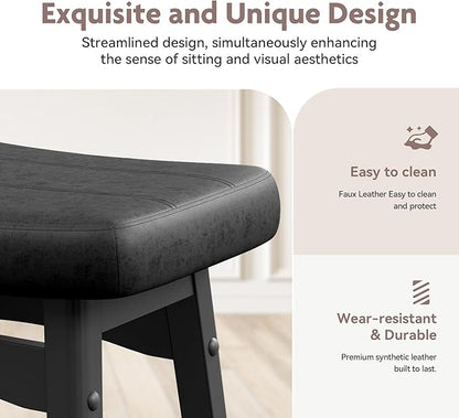 ALPHA HOME Black Bar Stools Set of 2, Solid Wood Saddle Kitchen Island Stools with PU Leather Cushion Backless Counter Height Barstools with Wooden Base for Kitchen Dining Cafe, 24 Inch, Black, 2PCS