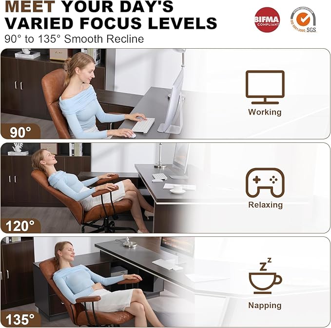 Home Office Desk Chair, Ergonomic High Back Leather Computer Chair with Lumbar Support, Adjustable Height & Recline, Swivel Executive Office Chair with Armrests and Rubber Casters, Brown