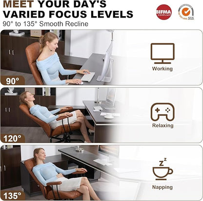 Home Office Desk Chair, Ergonomic High Back Leather Computer Chair with Lumbar Support, Adjustable Height & Recline, Swivel Executive Office Chair with Armrests and Rubber Casters, Brown