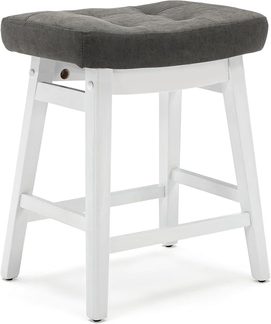 Counter Height Bar Stool for Kitchen Counter Modern Backless Barstool with Upholstered Faux Leather Seat and Solid Wood Leg Farmhouse 24 inch Bar Chair, Grey + White, 1pc