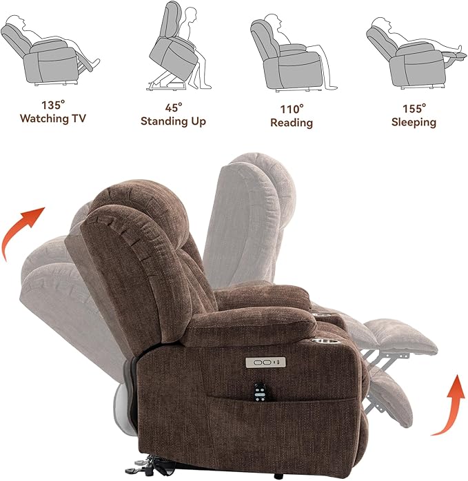 Power Lift Recliner Chair, 350lb Capacity with 8-Point Massage & Heating, USB/Type-C Ports & Cup Holders, Heavy Duty Chenille Recliner for Elderly, Brown