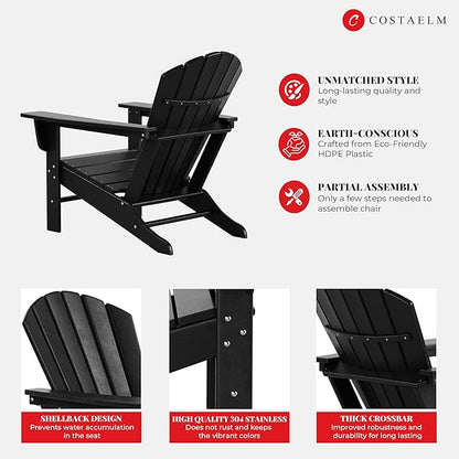 Costaelm Outdoor Adirondack Chair, HDPE Patio Chair, Weather Resistant Lawn Firepit Outside Chairs for Porch, Poolside, Garden, Backyard Deck, Black