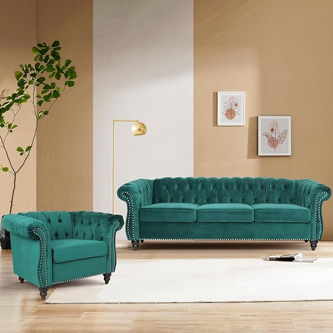 2 Piece Living Room Sofa Set, 3 Seater Velvet Sofa Couch and Chair Set, Mid Century Modern Upholstered Couch with Cushions, Comfy Tufted Chesterfield Couches for Living Room, Bedroom, Office
