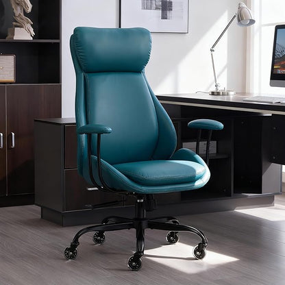 Home Office Desk Chair, PU Casters Ergonomic Computer Chair with Lumbar Support, Adjustable Height, 360°Rolling Swivel Chair, High Back Executive Task, Padded Armrests Chair, Green Leather