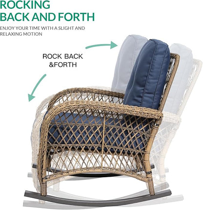 VIVIJASON 7-Piece Outdoor Patio Wicker Conversation Sets, All Weather Outdoor Rattan Furniture Set Includes Glider Loveseat, 2 Rocking Chairs, 2 Swivel-Gliders Chairs, 2 Coffee Table, Navy Blue