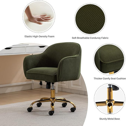 Home Office Desk Chair with Arms Gold Wheels Modern Velvet Upholstered Rolling Computer Chair Mid-Back Ergonomic Adjustable Swivel Vanity Chair for Bedroom Study Office, Green,Corduroy