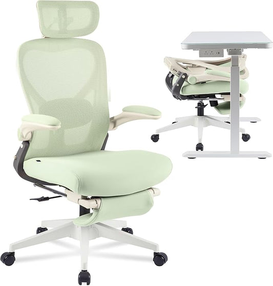 FLEXISPOT Foldex Ergonomic Office Chair, Folding Chair for Small Spaces with Lumbar Support, Flip-up Armrests, 3D Headrest, Desk Chairs with Footrest for Work,Video Game (Foam Seat, Green)