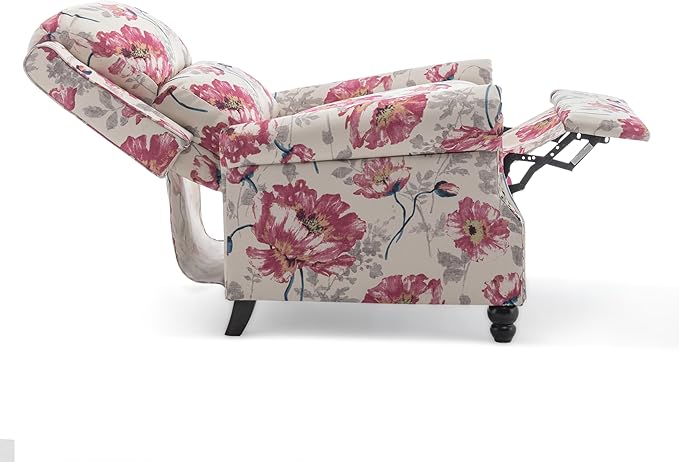 Pushback Recliner Chair, Upholstered Armchair Wingback Recliner Chair, Floral Fabric Push Back Recliner with Wood Legs, Rivet Trim Single Sofa Accent Chair for Living Room, Bedroom, Pattern White