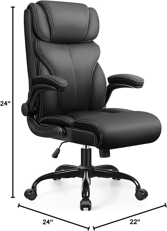 Office Chair, Ergonomic Big and Tall Computer Desk Chair with Retractable Adjustable Headrest, Executive Breathable Leather Chair, Lumbar Support Swivel PC Chair with Flip-up Armrests Rocking Function