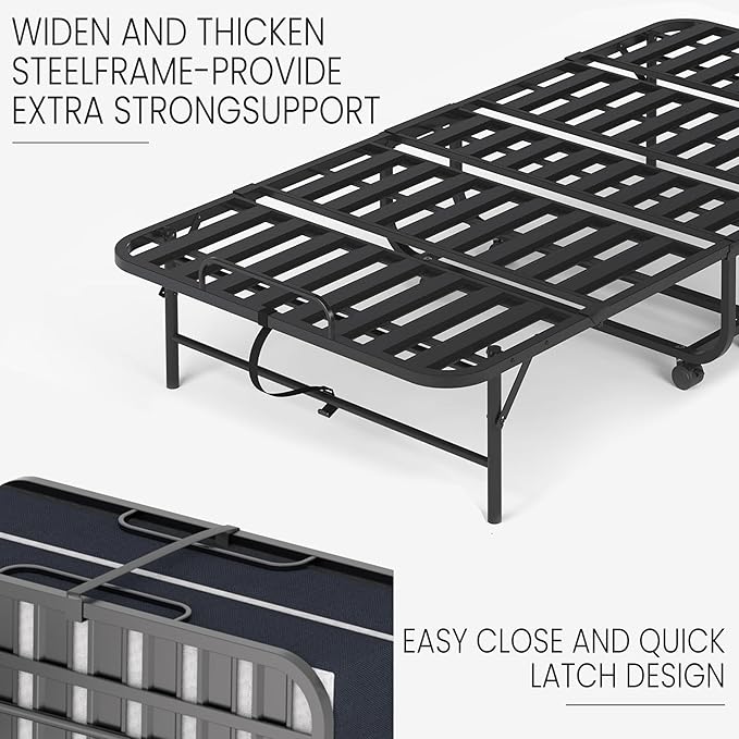 Folding Bed with Mattress for Adults, 75" x 31" Foldable Bed with Side Pocket, Twin Size Metal Bed Frame with Wheels, Portable Rollaway Bed for Guest, Travel