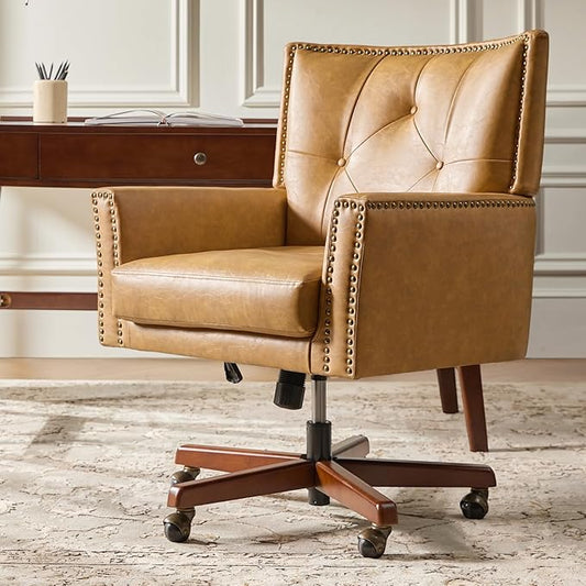 HULALA HOME Modern Home Office Chair with Tilt Lock & Metal Base, Desk Chair with 360° Swivel & Tilt Function, Height Adjustable, Wide Seat Computer Task Chair with Wheels & Padded Cushion, Camel