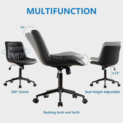 Rowill Leather Office Chair, Ergonomic Armless Desk Chair with Waterproof Cushion & Slient Wheels & SGS-Certified Class 3 Explosion-Proof Gas Lift, Ideal for Home Office, Study and Vanity(Black)