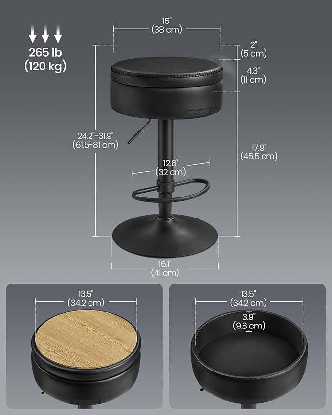 VASAGLE EKHO Collection - 360° Swivel Bar Stools Set of 2, Height Adjustable Barstools with Storage, Synthetic Leather with Stitching, Mid-Century Modern, Kitchen Bar, Easy Assembly, Ink Black