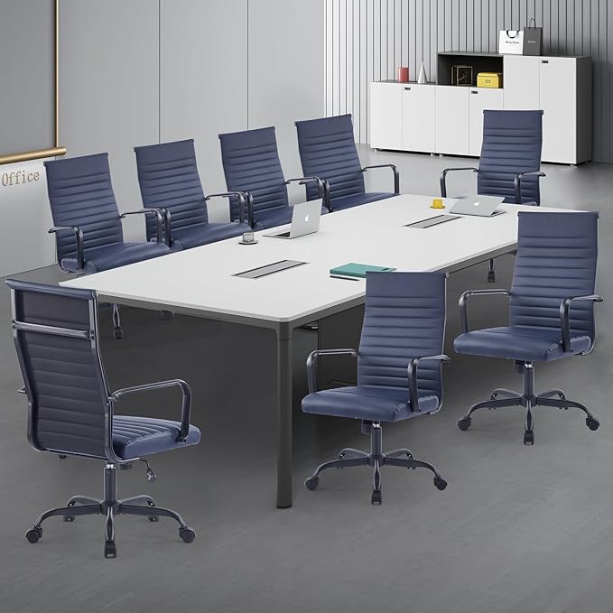 Office Chair, Ergonomic Executive Conference Room Chairs, Ribbed Leather Desk Chair with Lumbar Support, Adjustable Height Mid-Back Swivel Chair with Padded Seat