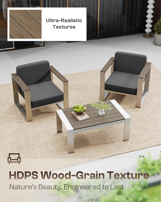 Aluminum Outdoor Furniture Set, 4 Seats Outdoor Patio Conversation Sets with Ergonomic Seat and Wide Washable Thick Cushions, Modern Patio Sectional Furniture for Balcony, Porch (Charocal)