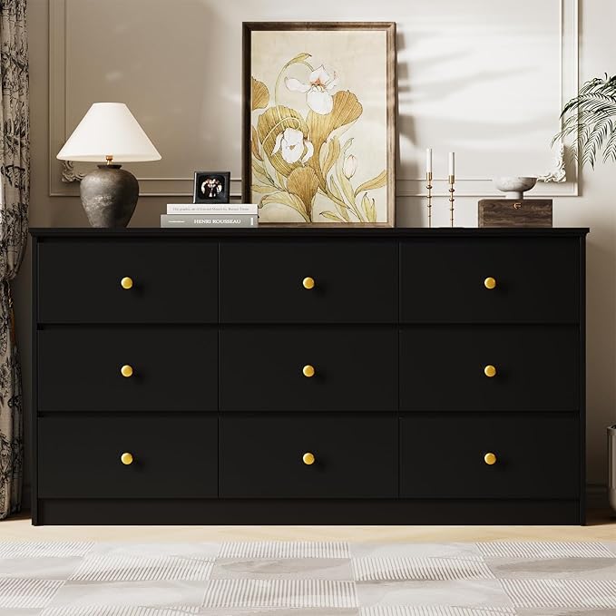 9 Drawer Dresser for Bedroom, 59" Wide Black Chest of Drawers, Wooden Dresser with 9 Drawers with Ample Storage, Modern Storage Organizer for Hallway,Nursery