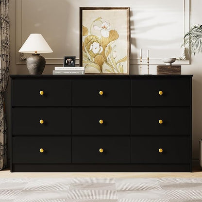 9 Drawer Dresser for Bedroom, 59" Wide Black Chest of Drawers, Wooden Dresser with 9 Drawers with Ample Storage, Modern Storage Organizer for Hallway,Nursery