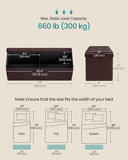 SONGMICS MAZIE Collection - 43 Inches Folding Storage Ottoman Bench, Ottoman with Storage, Foot Rest Stool, Load 660 lb, for Living Room, Synthetic Leather, Brown ULSF703