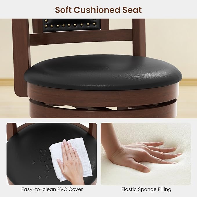 COSTWAY Bar Stool Set of 2, 25.5” Swivel Upholstered Counter Height Bar Stool with Curved Backrest & Cushioned Seat, Solid Rubber Wood Legs & Resting Footrest, for Kitchen Island (2, 25.5”)