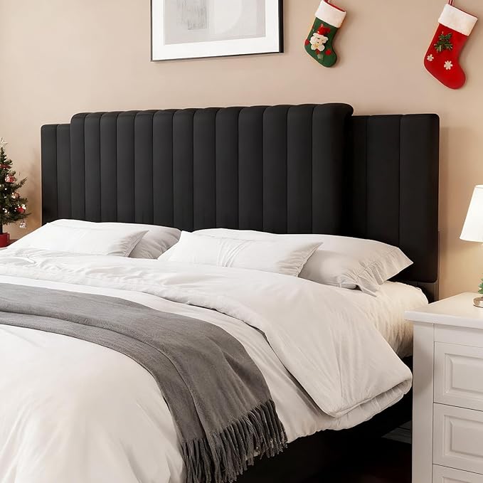 Upholstered Tufted Velvet Headboard, 3 in 1 Headboard for Full/Queen/King Size Bed, Height & Width Adjustable Head Board, Attach Frame, Study & Comfortable, Ideal for Bedroom, Dorm, Guest Room, Black