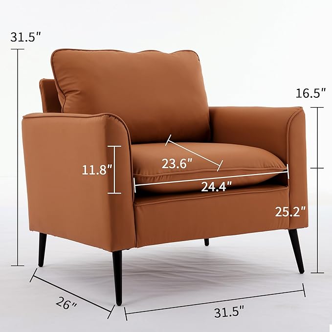 YISHENG Mid-Century Modern Living Room Accent Chairs Set of 2 - Oversized Faux Leather Armchairs with Removable Cushions & Metal Legs, Comfortable Sofas for Office/Lounge/Bedroom/Reception,（Brown）