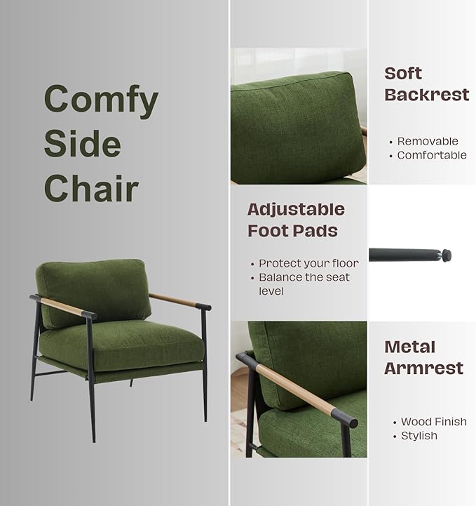 HEAH-YO Modern Accent Chair Set of 1, Upholstered Linen Fabric Living Room Chair with Backrests and Metal Legs, Comfy Reading Side Armchair for Bedroom, Green