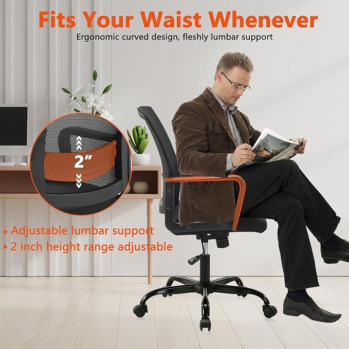 CLATINA Ergonomic Desk Chair, Mid Back Mesh Computer Chair with Lumbar Support and Armrest, Height Adjustable Swivel Chair for Home Office, Black (2PK)