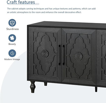 Sideboard Buffet Credenzas for Living Room, 63" Antique Black Entryway Table with Storage Accent Cabinet, Carved Flowers Doors & Wire Holes