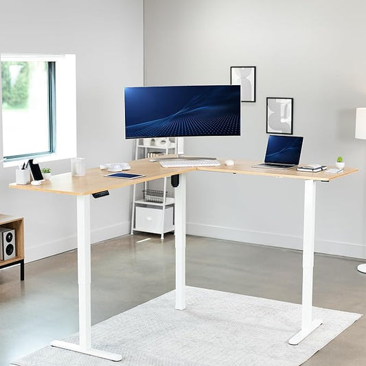 VIVO Corner Standing Desk, 75 x 63 inch Reversible L-Shaped Workstation, Electric Height Adjustment, Home, Office, and Reception Rooms, Real Bamboo Table Top White Frame, DESK-E3CTWO-75