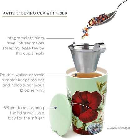 Tea Forte Double-Walled Ceramic Kati Cup, Removable Stainless Steel Infuser Basket and Lid, Steeps 12 oz Loose Leaf Tea, Dishwasher & Microwave Safe, Fleur