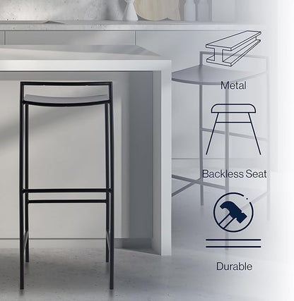 JONATHAN Y BSL1004A Svelte 30" Coastal Contemporary Iron Saddle-Seat Low-Back Bar Stool with Foot Rest for Home, Kitchen, Dining Room, Workspaces, Cafes and Resturants, Black Frame