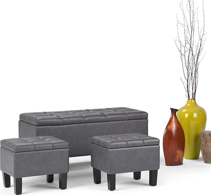 SIMPLIHOME Dover 44 inch Wide Contemporary Rectangle 3 Pc Storage Ottoman in Stone Grey Vegan Faux Leather, Assembled, for the Living Room, Entryway and Family Room