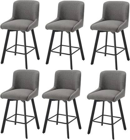Swivel Bar Stools Set of 6, 26''H Upholstered Barstools with Backs, Modern Counter Height Bar Stool Chairs for Kitchen Island, Metal Legs, Fabric, Gray Counter Stools