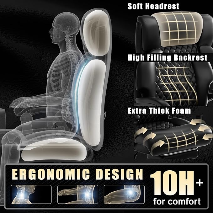 Executive Office Chair Big and Tall 700lbs Heavy Duty Metal Base Desk Chair with Footrest & Silent Rubber Wheels High Back Computer Chair for Heavy People, Thick and Wide Seat, Black